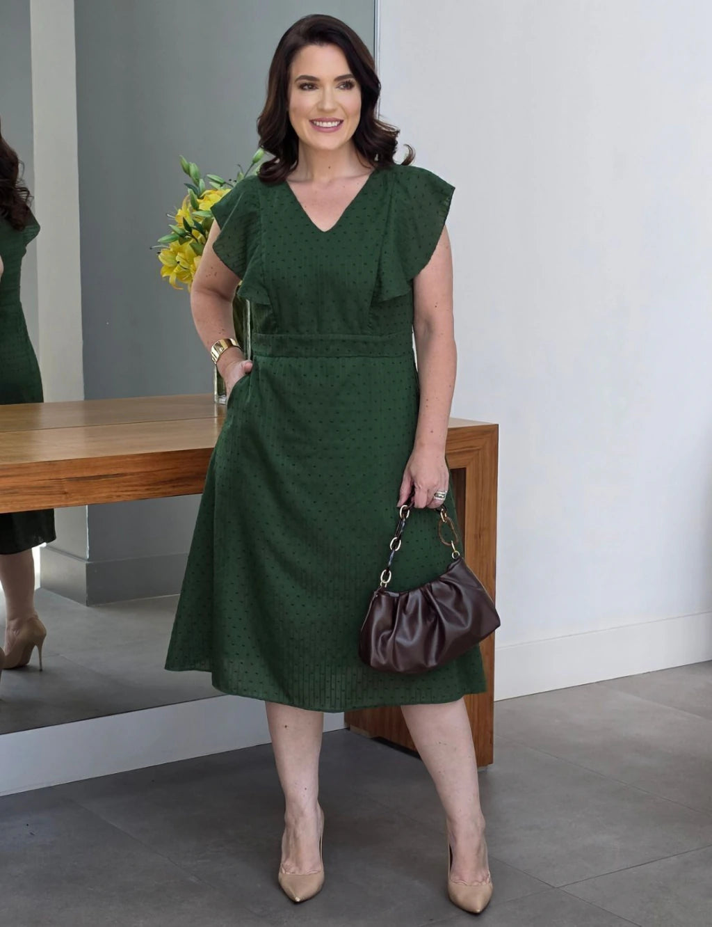 Vestido Mid Com Textura Pipoquinha Verde