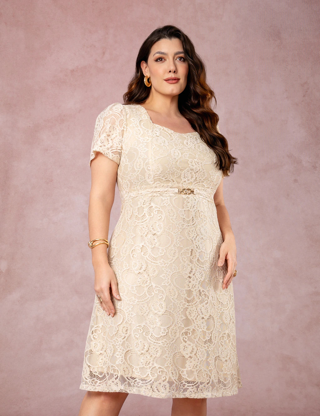 Vestido Midi Decote Princesa Bege