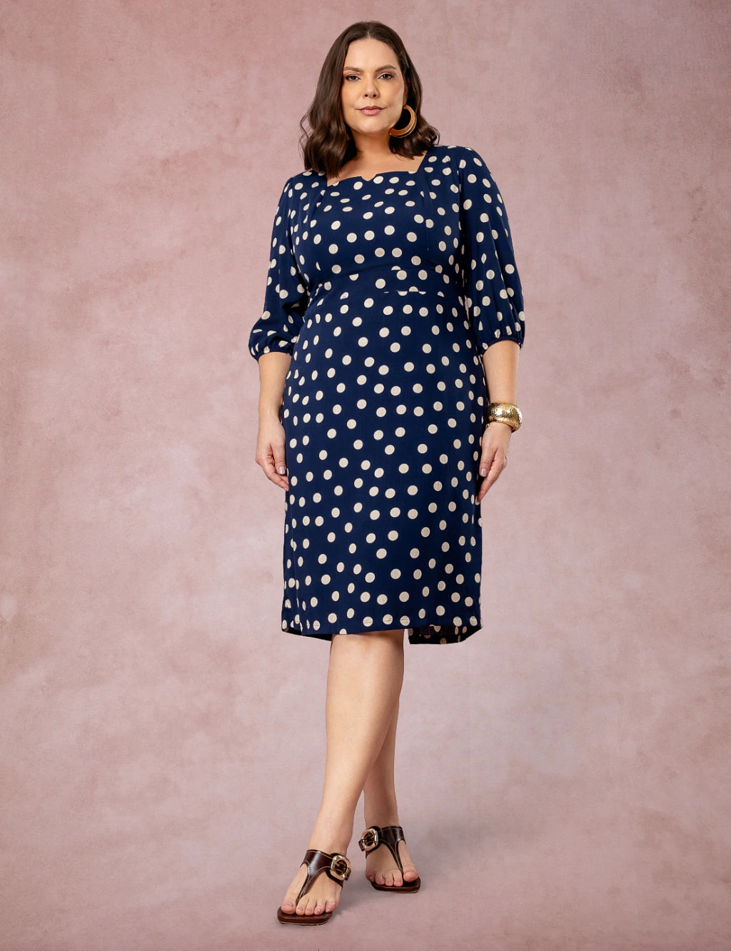 Vestido Midi Decote Princesa Poá Marinho