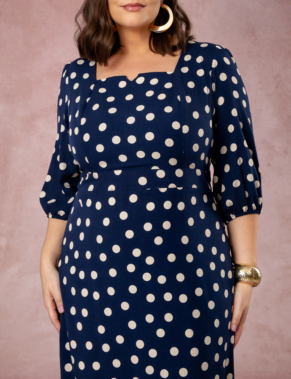 Vestido Midi Decote Princesa Poá Marinho