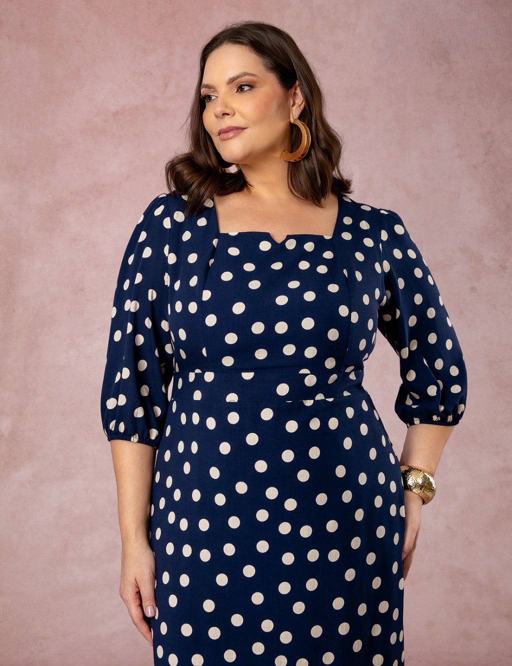Vestido Midi Decote Princesa Poá Marinho