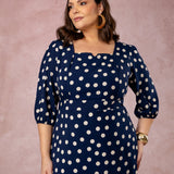 Vestido Midi Decote Princesa Poá Marinho