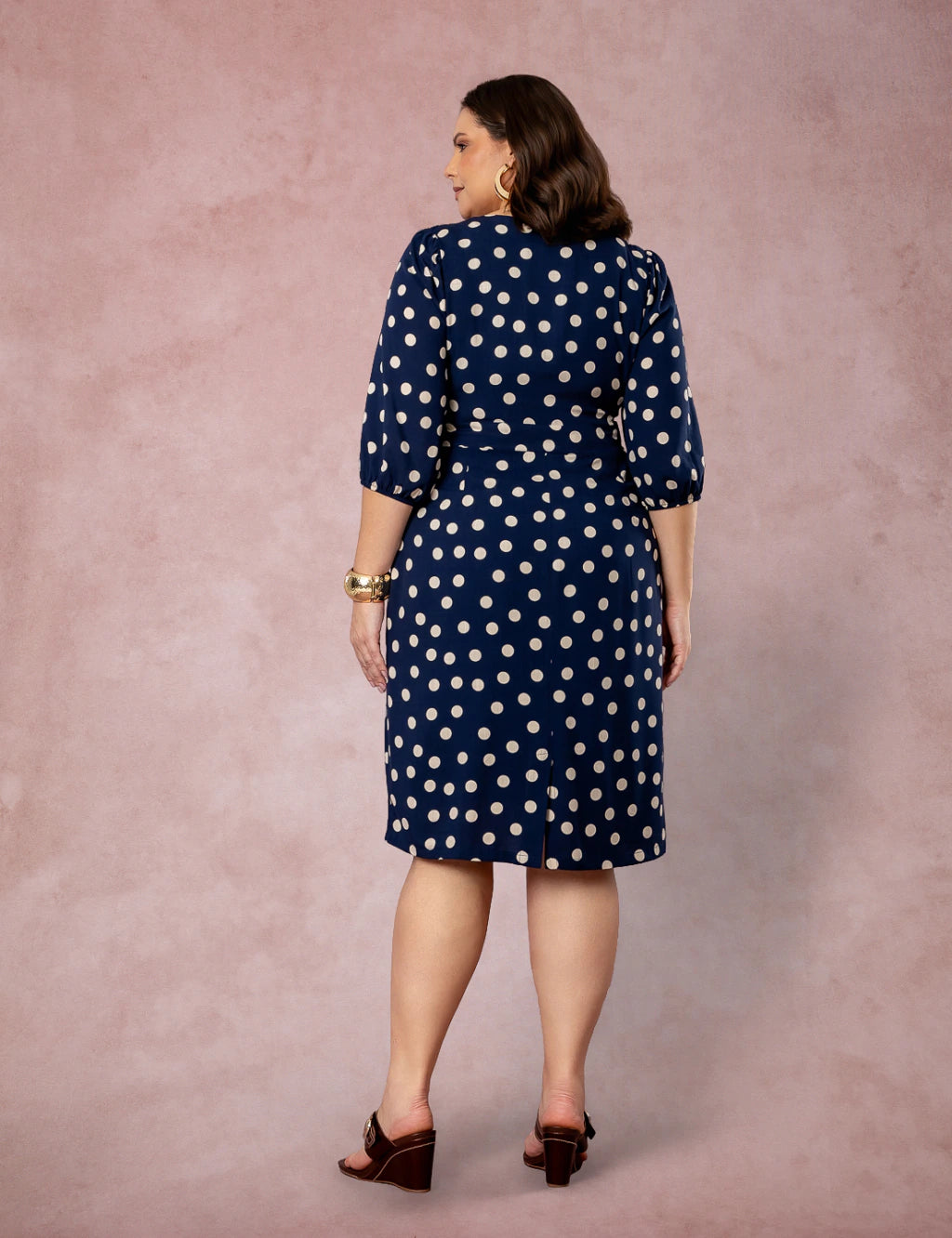 Vestido Midi Decote Princesa Poá Marinho