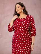 Vestido Midi Decote Princesa Poá Vinho