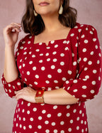 Vestido Midi Decote Princesa Poá Vinho