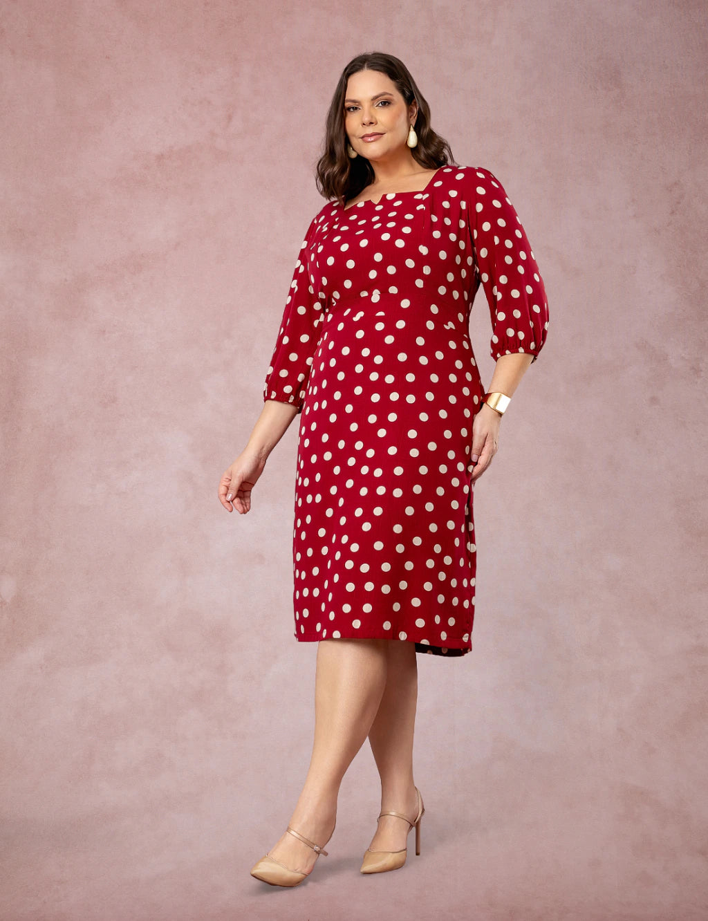 Vestido Midi Decote Princesa Poá Vinho