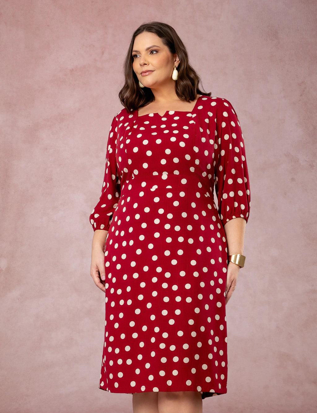 Vestido Midi Decote Princesa Poá Vinho