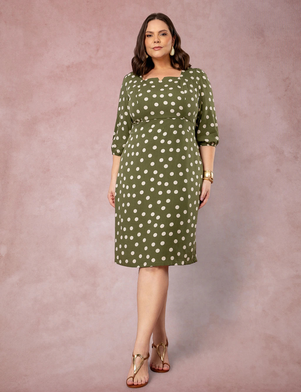 Vestido Midi Decote Princesa Poá Musgo