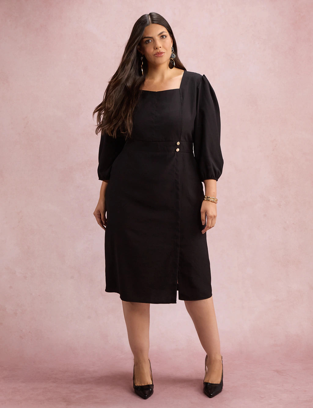 Vestido Midi Botões Metais Na Pala Preto