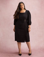 Vestido Midi Botões Metais Na Pala Preto