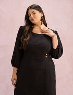 Vestido Midi Botões Metais Na Pala Preto