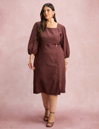 Vestido Midi Botões Metais Na Pala Marrom