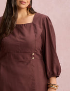 Vestido Midi Botões Metais Na Pala Marrom