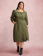 Vestido Midi Botões Metais Na Pala Musgo