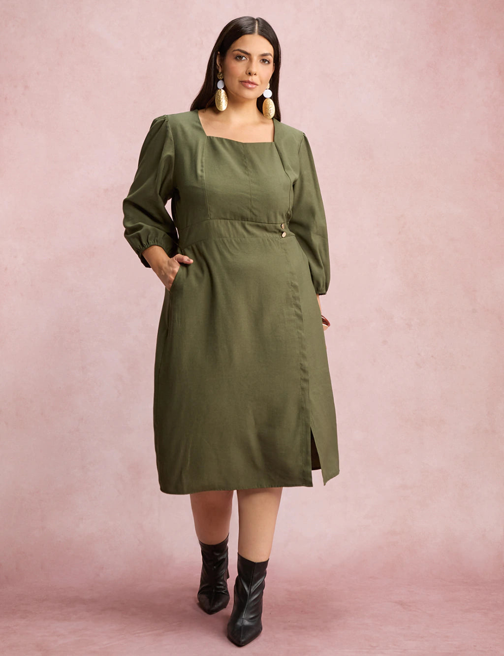 Vestido Midi Botões Metais Na Pala Musgo