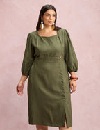Vestido Midi Botões Metais Na Pala Musgo