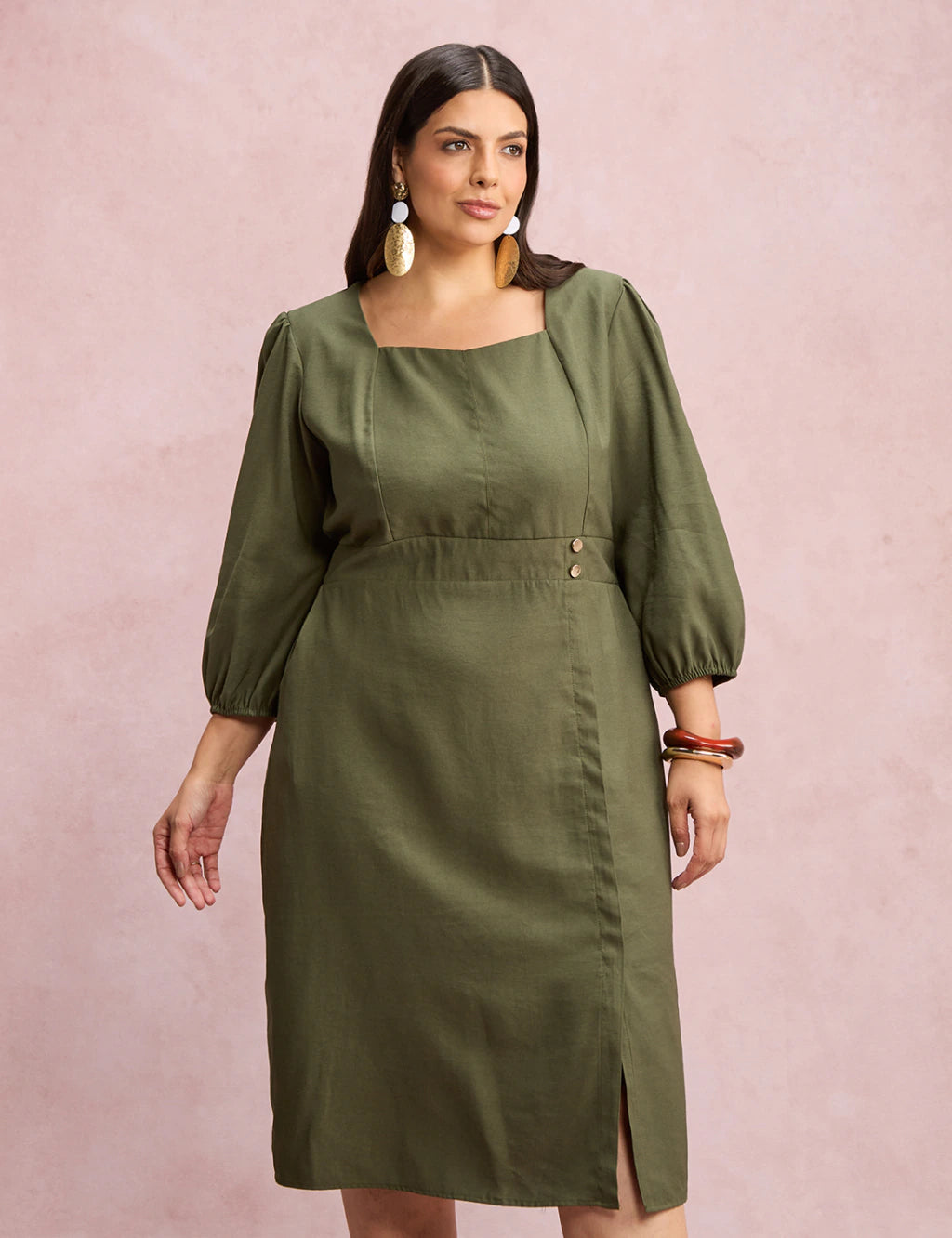 Vestido Midi Botões Metais Na Pala Musgo