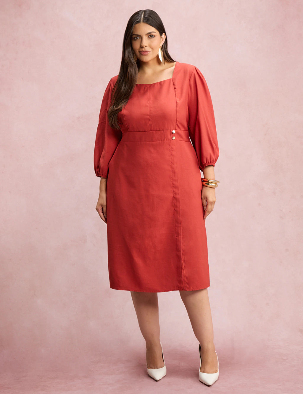 Vestido Midi Botões Metais Na Pala Telha