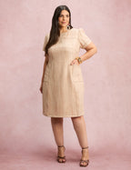 Vestido Midi Com Textura Bolso Bege