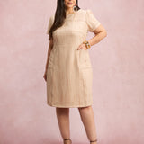 Vestido Midi Com Textura Bolso Bege