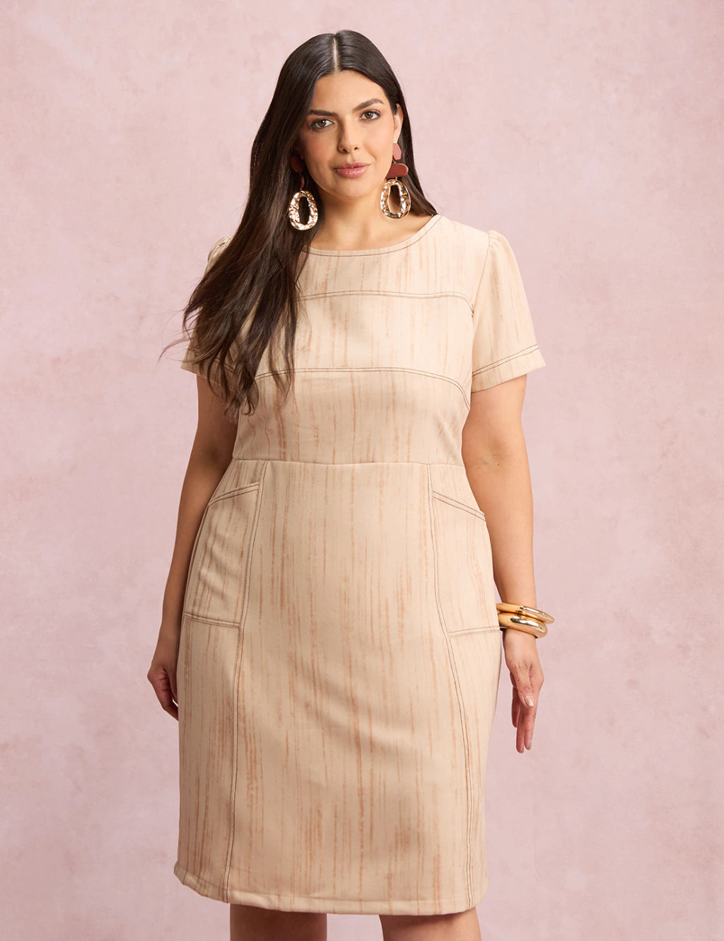 Vestido Midi Com Textura Bolso Bege