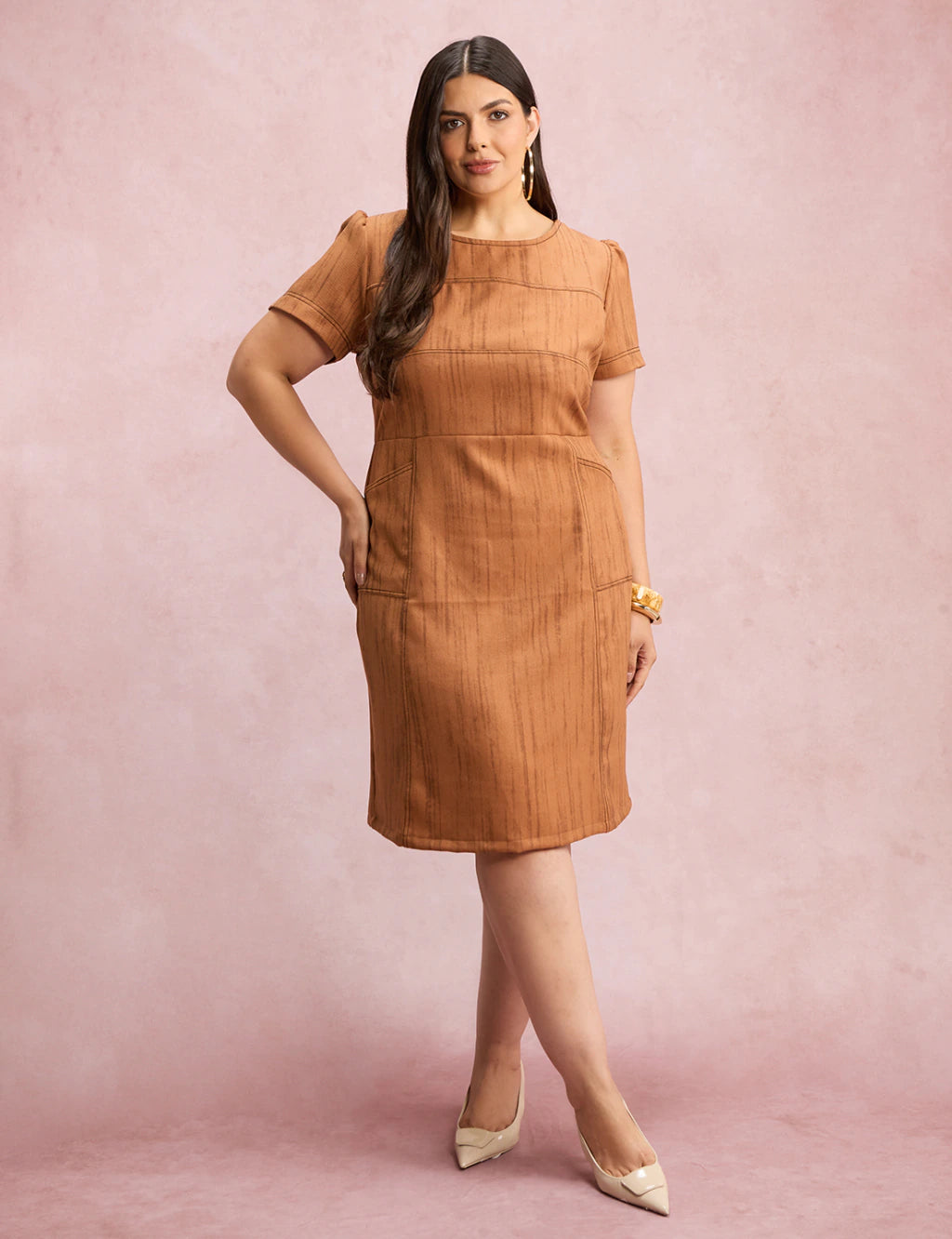Vestido Midi Com Textura Bolso Marrom
