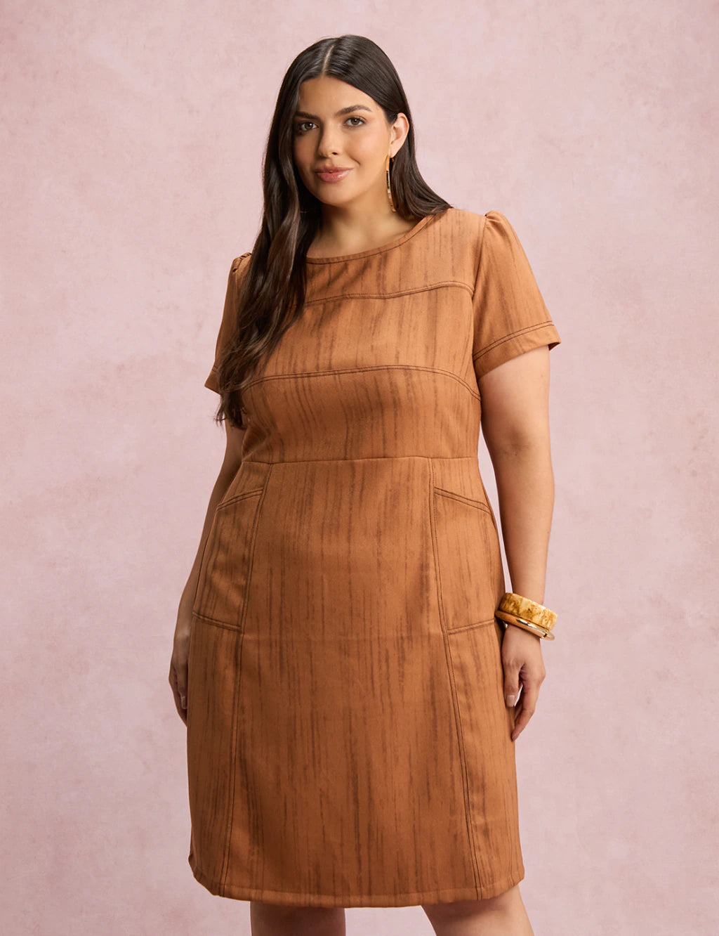 Vestido Midi Com Textura Bolso Marrom