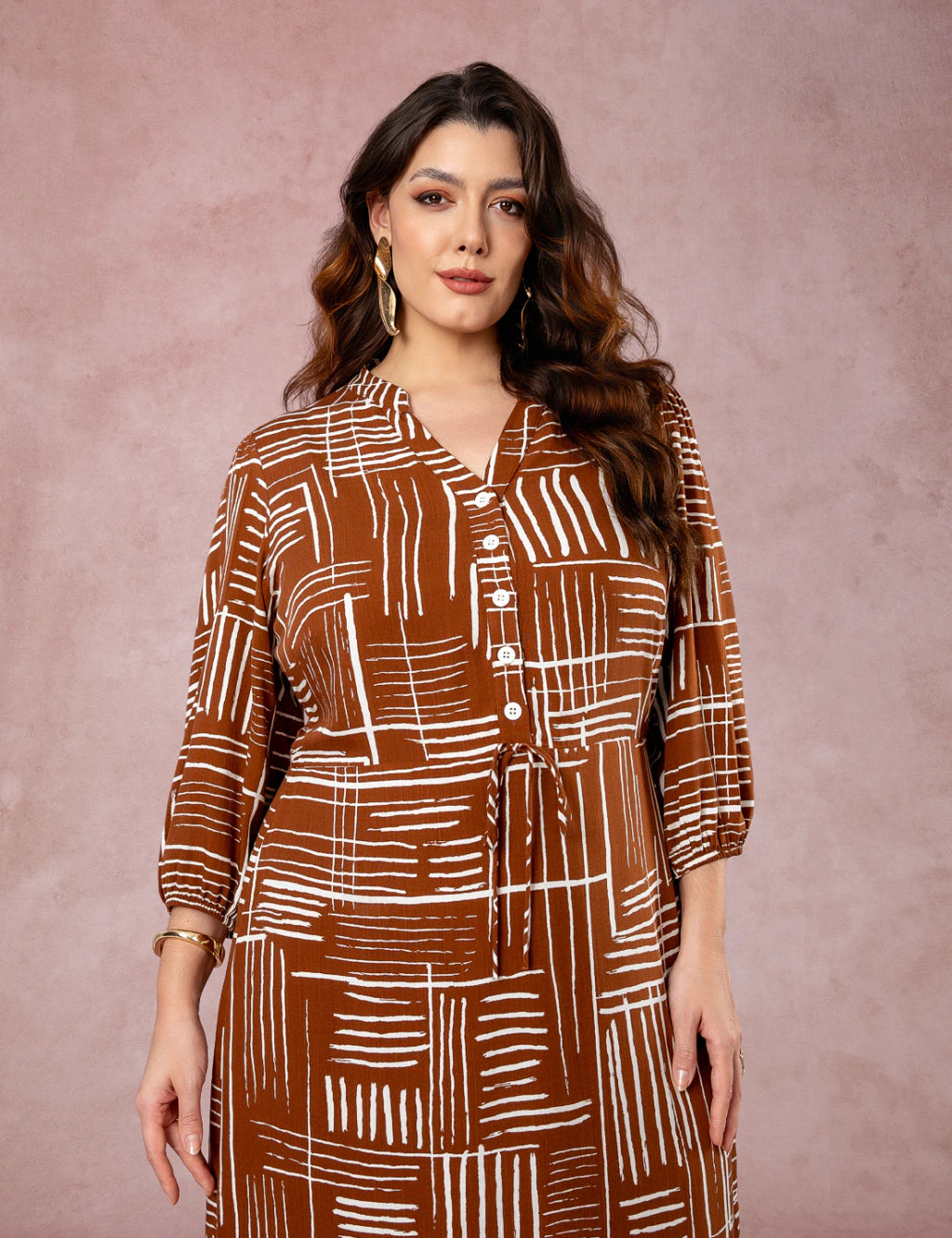Vestido Midi Estampado Chemise Marrom