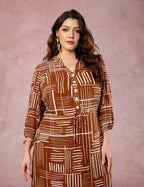 Vestido Midi Estampado Chemise Marrom