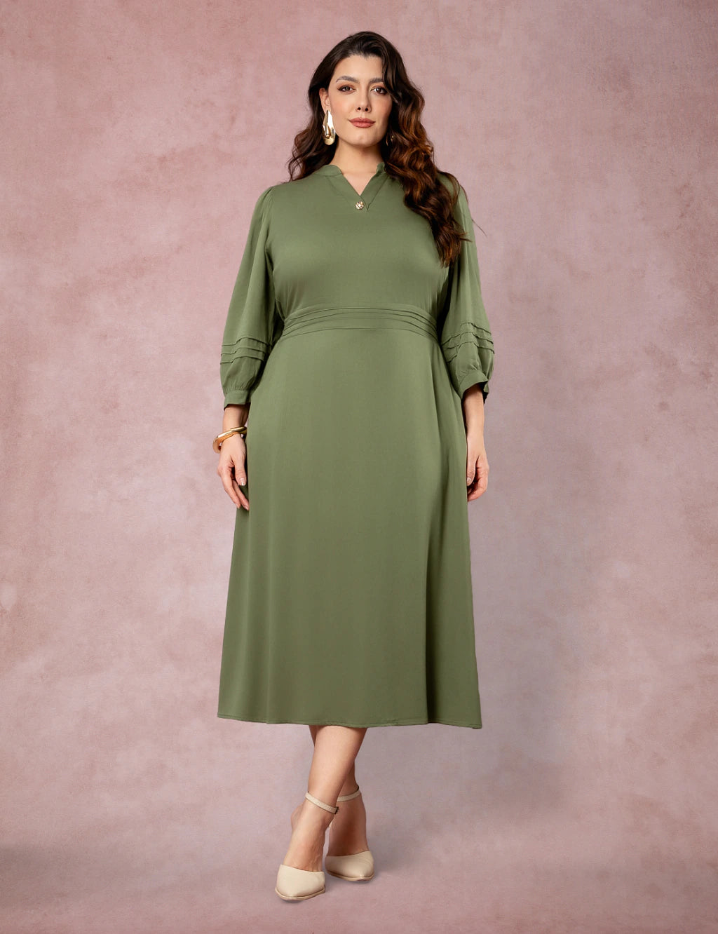 Vestido Midi Encorpado Com Nervuras Musgo