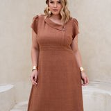 Vestido Midi Com Botão Marrom
