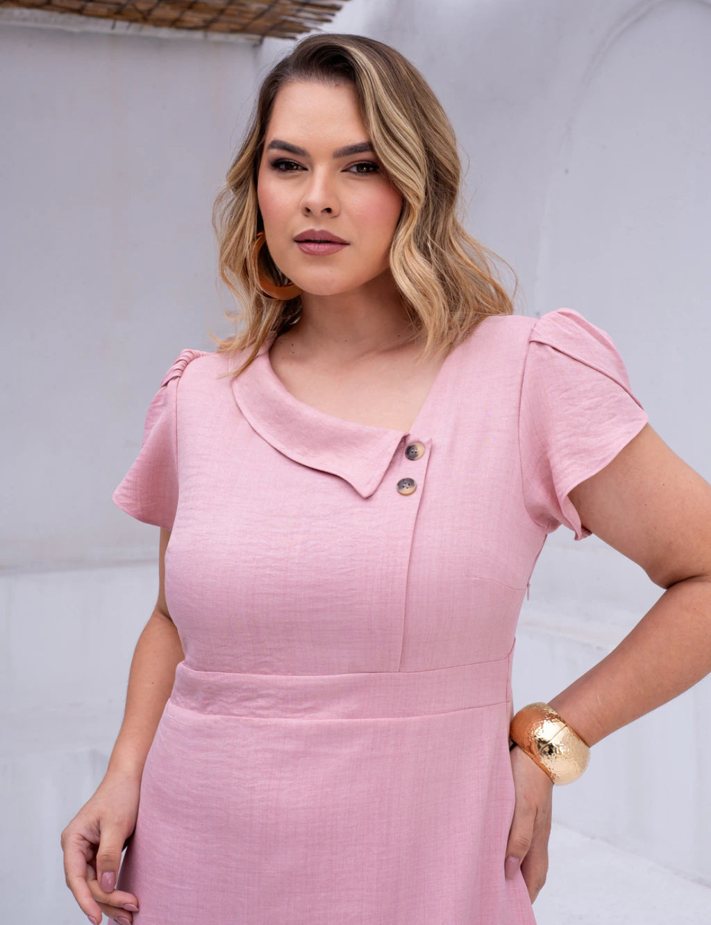Vestido Midi Com Botão Rosé