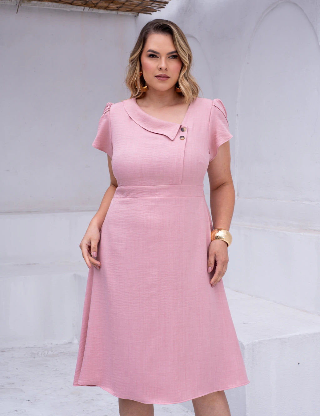 Vestido Midi Com Botão Rosé
