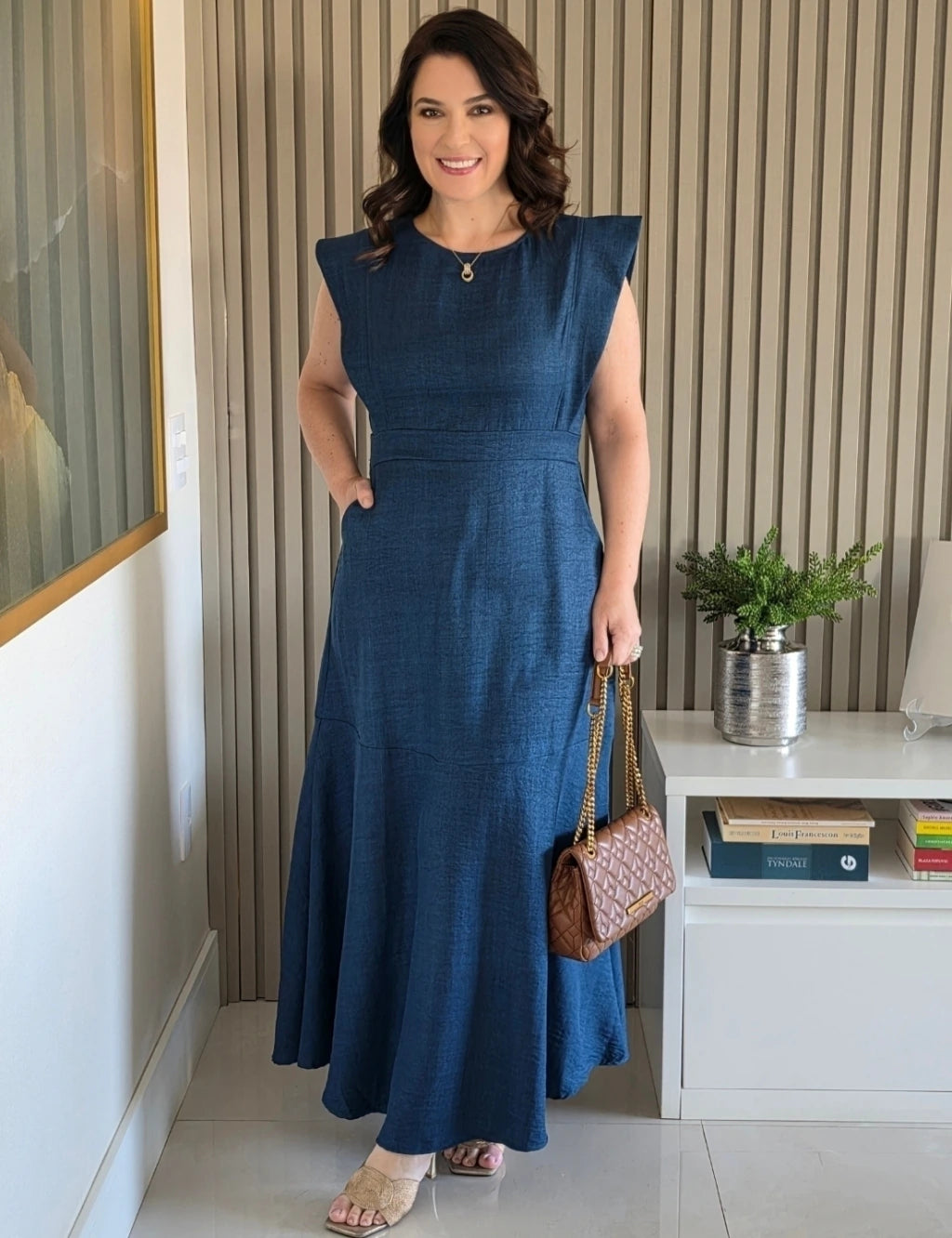 Vestido Longo Costa Com Botão Marinho