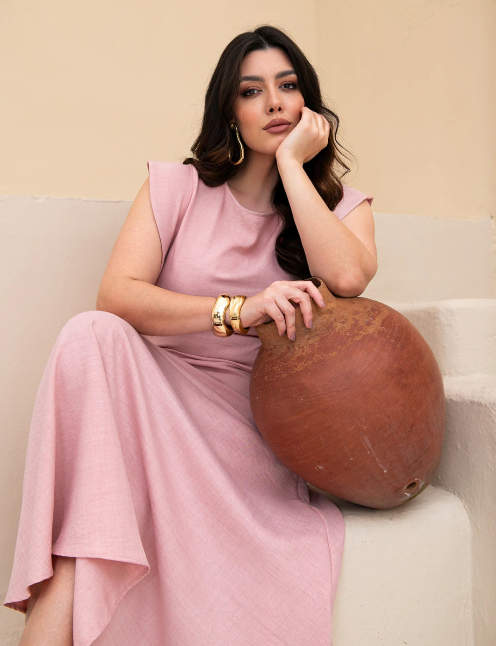 Vestido Longo Costa Com Botão Rosé