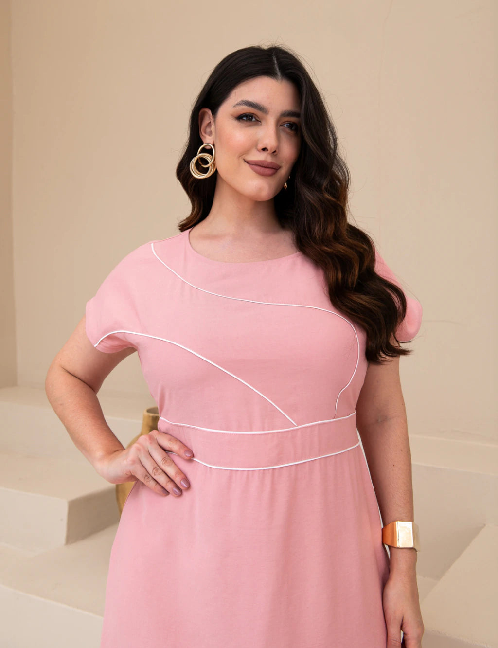 Vestido Midi Frente Com Vivo Rosé
