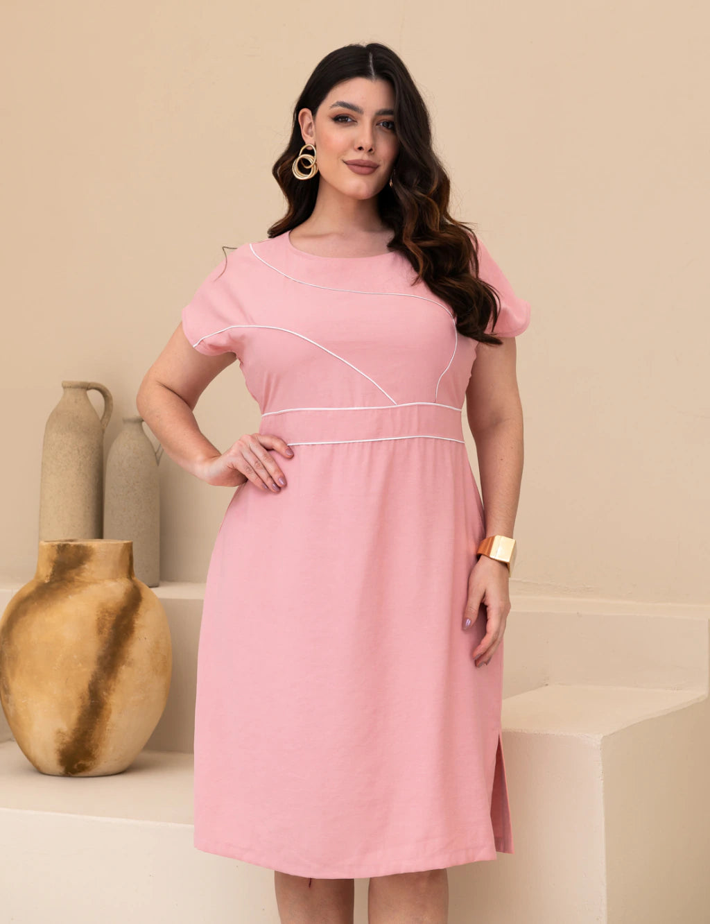 Vestido Midi Frente Com Vivo Rosé
