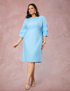 Vestido Midi Mangas Com Nervuras Azul