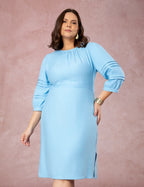 Vestido Midi Mangas Com Nervuras Azul