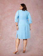Vestido Midi Mangas Com Nervuras Azul