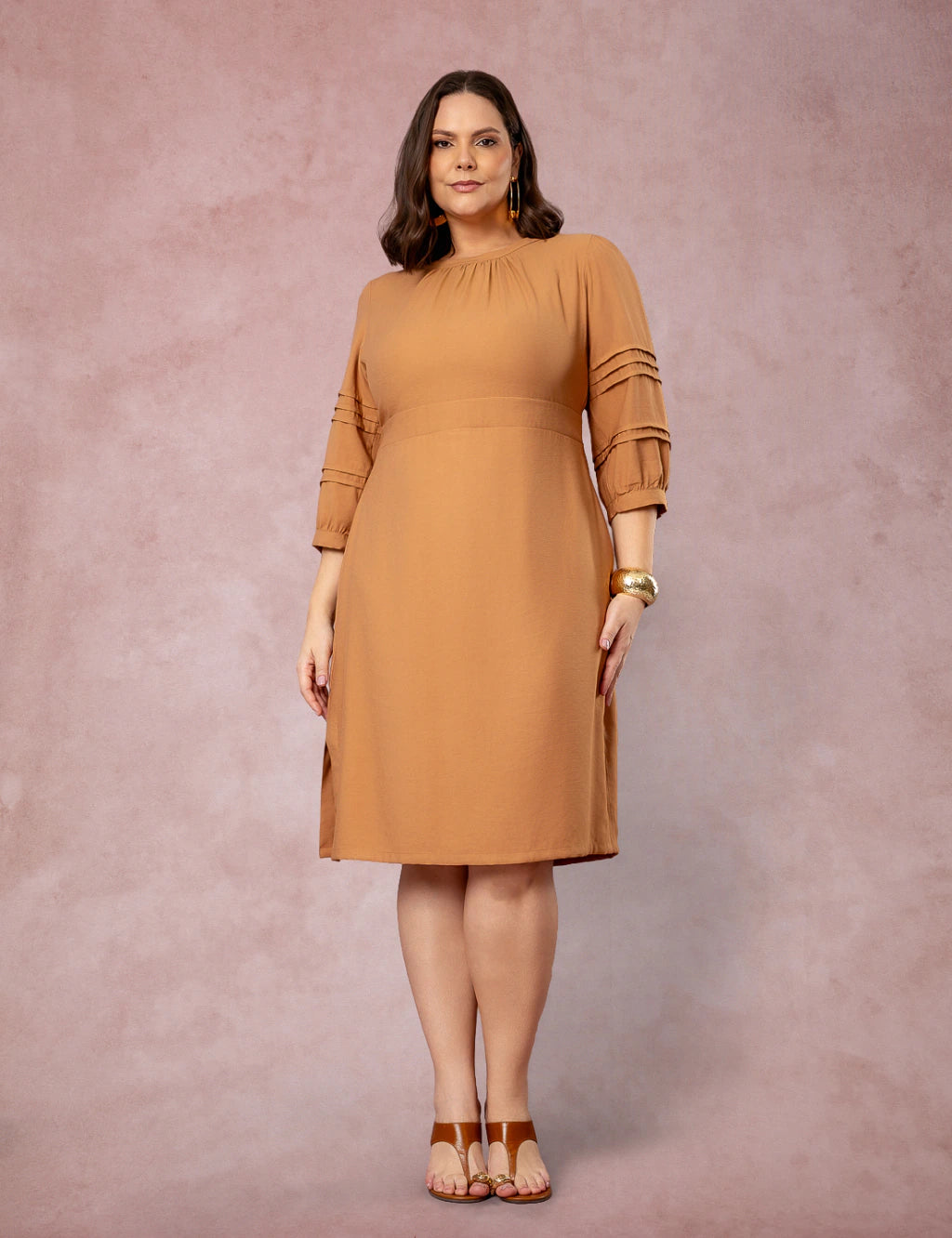 Vestido Midi Mangas Com Nervuras Marrom