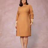 Vestido Midi Mangas Com Nervuras Marrom