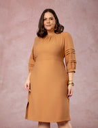 Vestido Midi Mangas Com Nervuras Marrom