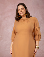 Vestido Midi Mangas Com Nervuras Marrom
