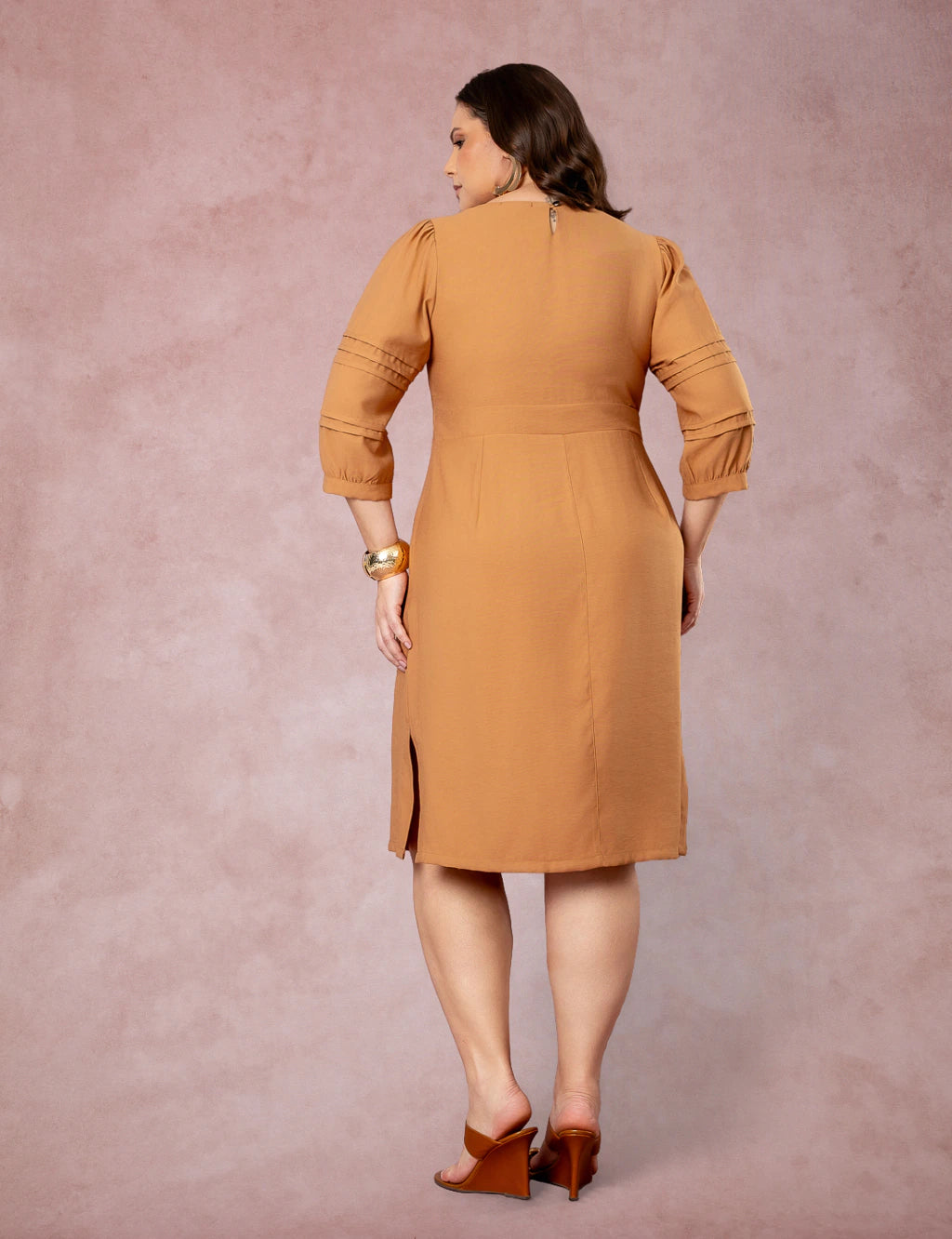 Vestido Midi Mangas Com Nervuras Marrom