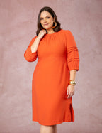 Vestido Midi Mangas Com Nervuras Telha