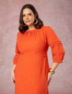 Vestido Midi Mangas Com Nervuras Telha