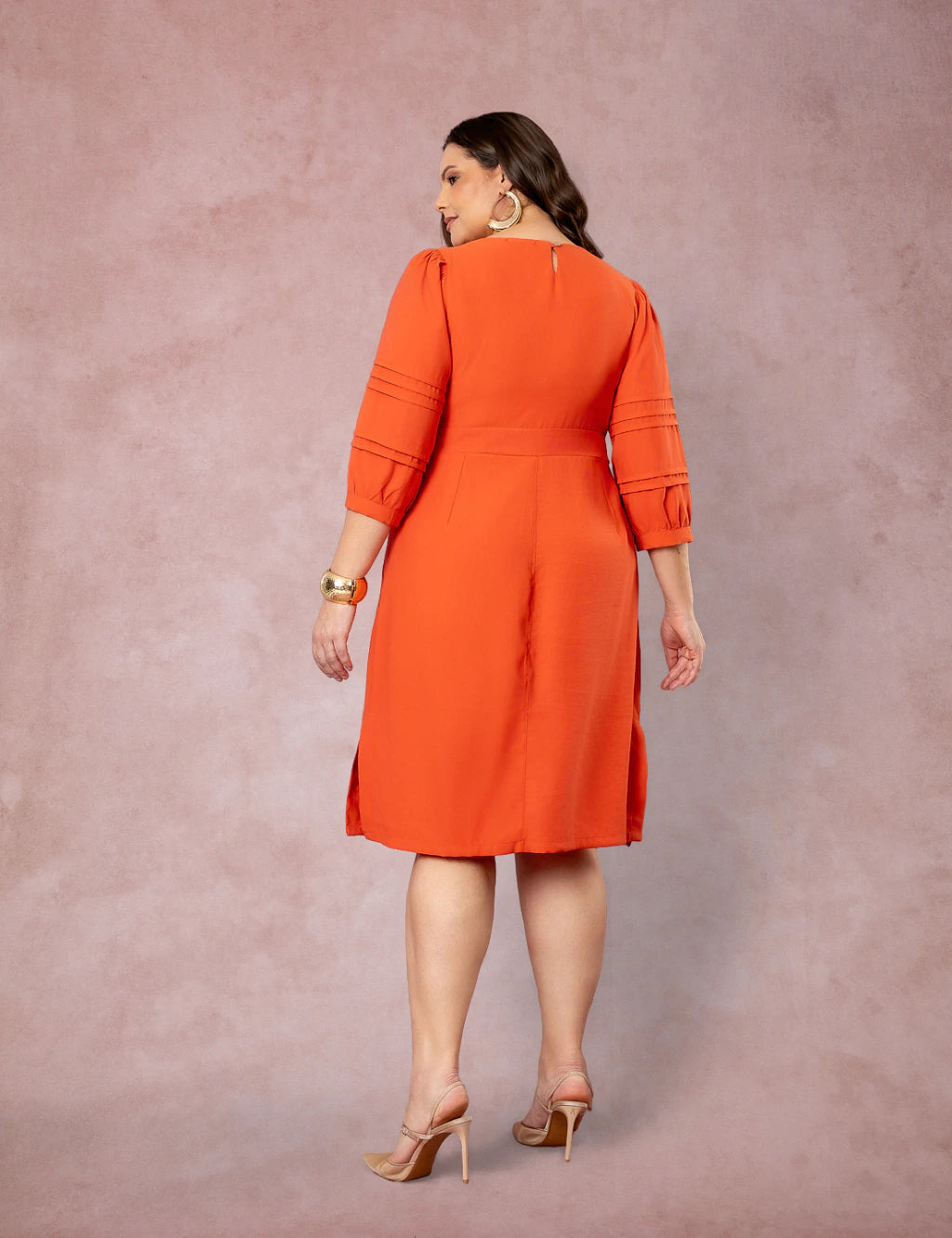 Vestido Midi Mangas Com Nervuras Telha