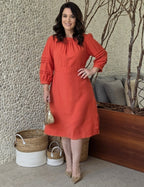 Vestido Midi Mangas Com Nervuras Telha
