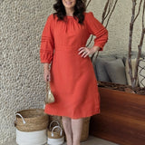 Vestido Midi Mangas Com Nervuras Telha
